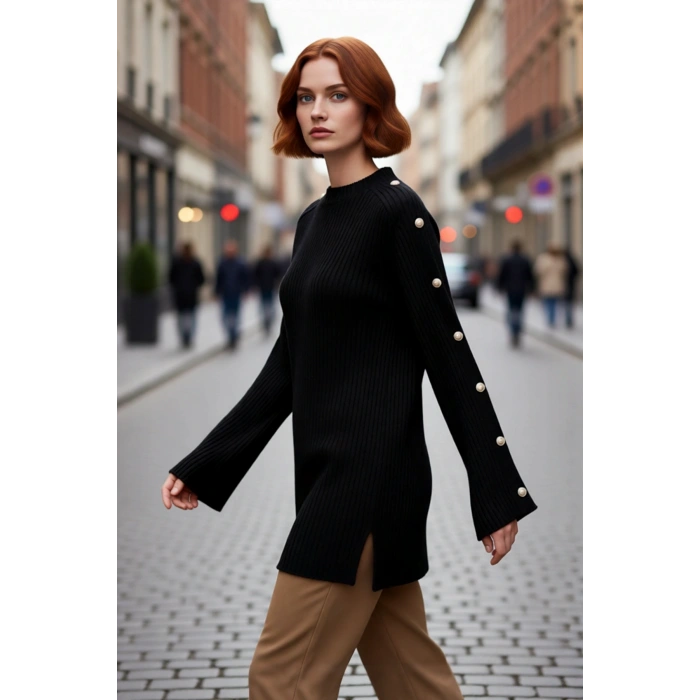 Kadın Regular Kalıp Bisiklet Yaka Selanik Triko Kazak İspanyol Kol Düğme Detayları İle Şık Görünüm