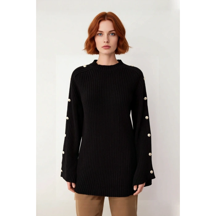 Kadın Regular Kalıp Bisiklet Yaka Selanik Triko Kazak İspanyol Kol Düğme Detayları İle Şık Görünüm