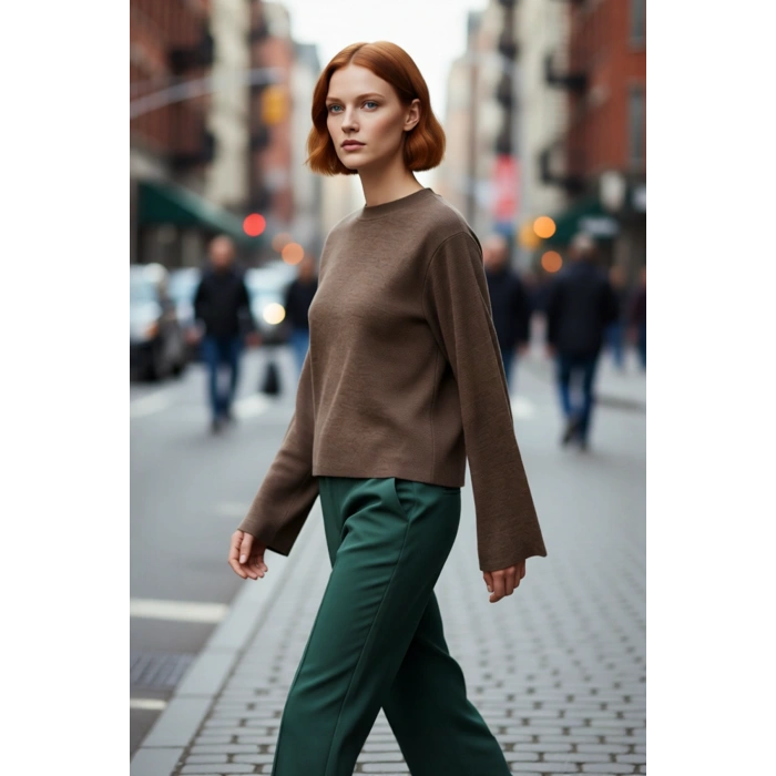 Kadın Regular Kalıp Bisiklet Yaka Uzun İspanyol Kollu Basic Triko Kazak Günlük Şıklık Sunar