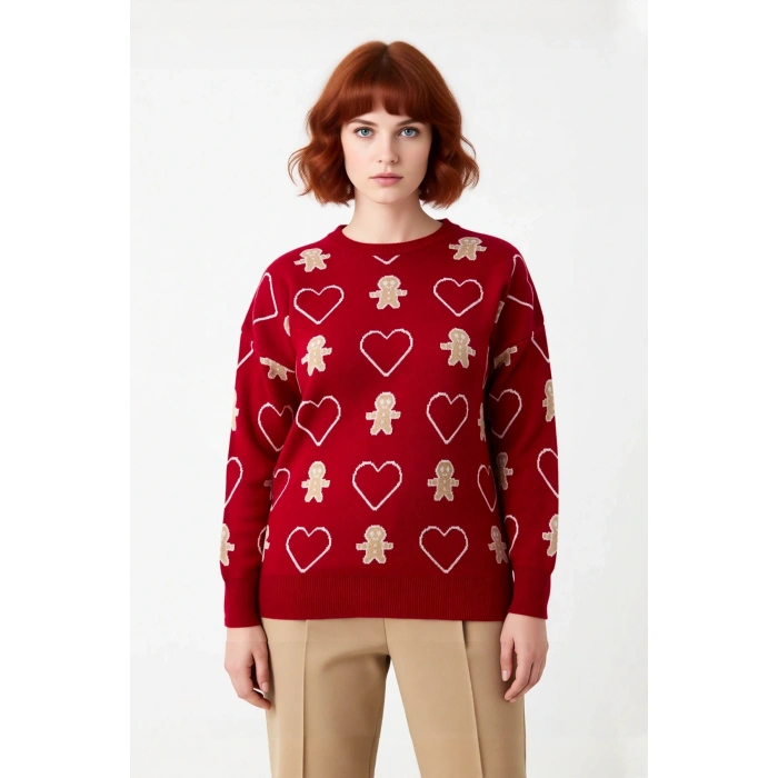 Kadın Regular Kalıp Bisiklet Yaka Yılbaşı Temalı Desenli Uzun Kol Akrilik Triko Kazak Kaliteli