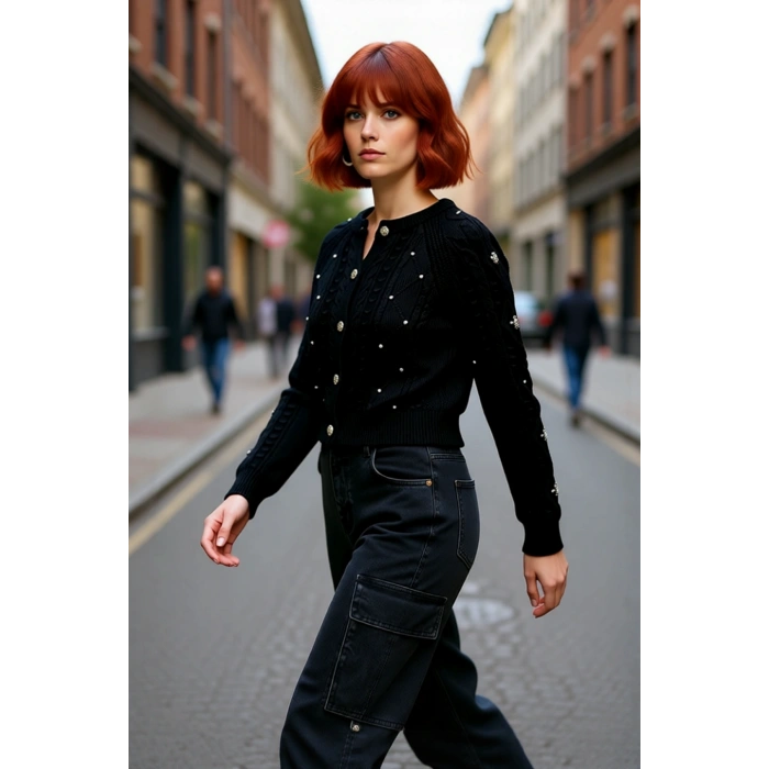 Kadın Regular Kalıp Çift Yüzlü Akrilik Triko Hırka Saç Örgü Desenli Kışlık Giyim Tarzı Kaliteli