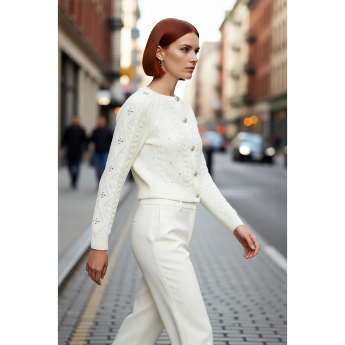 Kadın Regular Kalıp Çift Yüzlü Akrilik Triko Hırka Saç Örgü Desenli Kışlık Giyim Tarzı Kaliteli