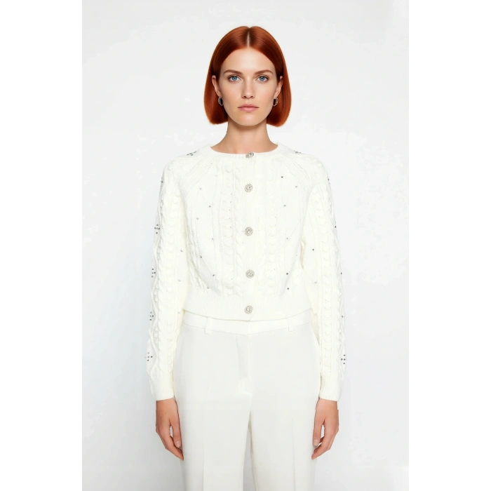 Kadın Regular Kalıp Çift Yüzlü Akrilik Triko Hırka Saç Örgü Desenli Kışlık Giyim Tarzı Kaliteli