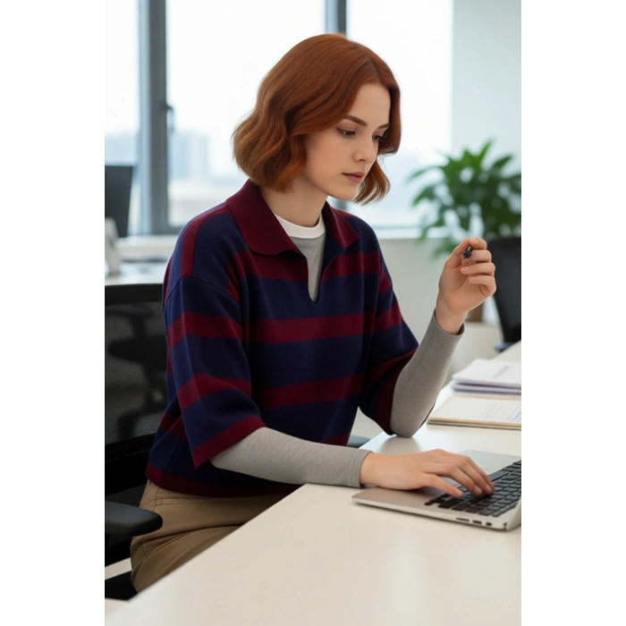 Kadın Regular Kalıp Çizgili Polo Yaka Triko Kazak İlkbahar Sonbahar İçin İdeal Basic Tasarım