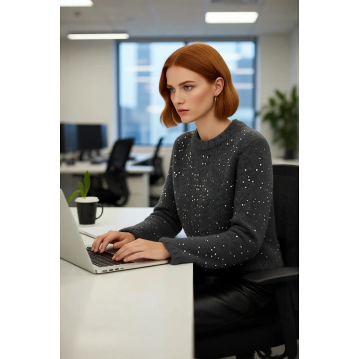 Kadın Regular Kalıp Crop Pul Payetli Bisiklet Yaka Uzun Standart Kol Orta Kalın Triko Kazak