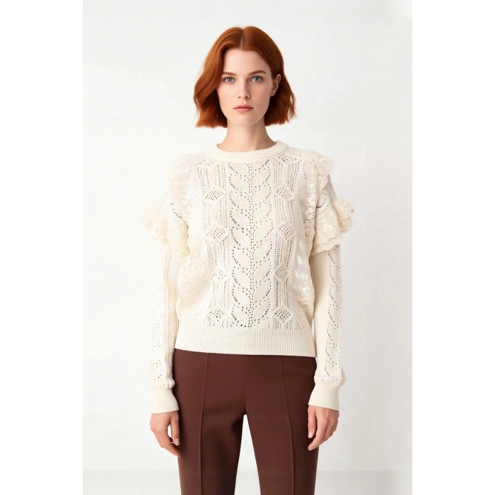 Kadın Regular Kalıp Dantelli İşlemeli Bisiklet Yaka Uzun Kollu Triko Kazak Casual Tarz Kaliteli