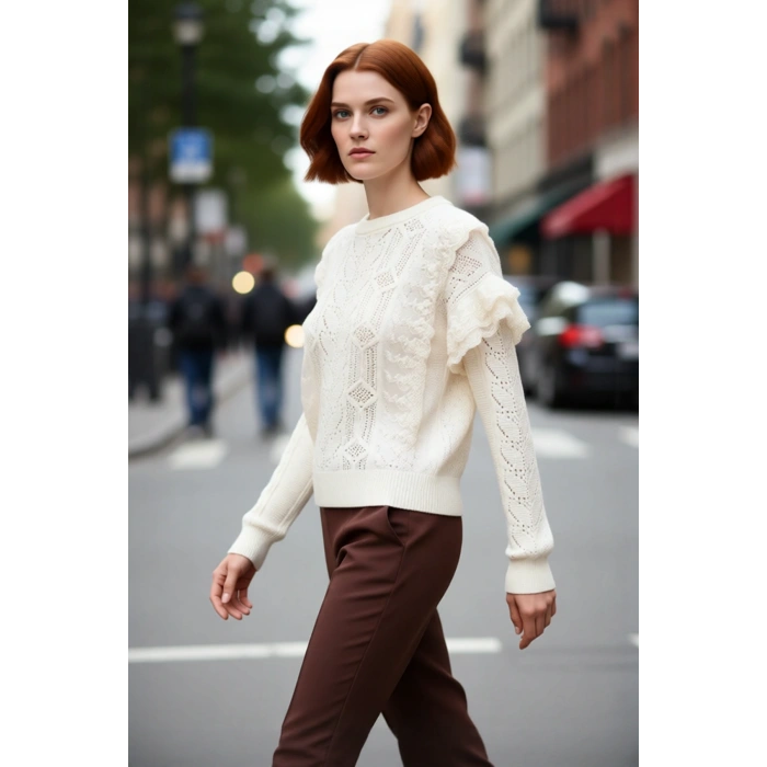 Kadın Regular Kalıp Dantelli İşlemeli Bisiklet Yaka Uzun Kollu Triko Kazak Casual Tarz Kaliteli