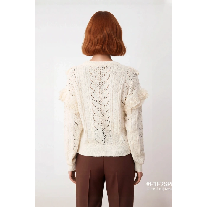 Kadın Regular Kalıp Dantelli İşlemeli Bisiklet Yaka Uzun Kollu Triko Kazak Casual Tarz Kaliteli