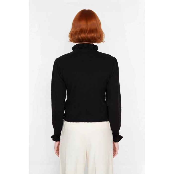 Kadın Regular Kalıp Dik Yaka Ajurlu Bağcıklı Detaylı Triko Kazak Kışlık Günlük Şık Kombinler İçin