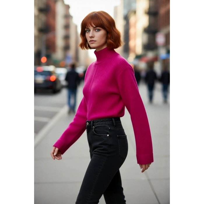 Kadın Regular Kalıp Dik Yaka Crop Triko Kazak Balon Kol Detaylı Akrilik Karışımlı Günlük Şık