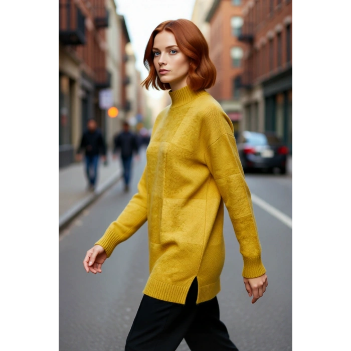 Kadın Regular Kalıp Dik Yaka Geometrik Desenli Uzun Kol Triko Tunik Kazak Soğuk Havalar İçin Şık Ve