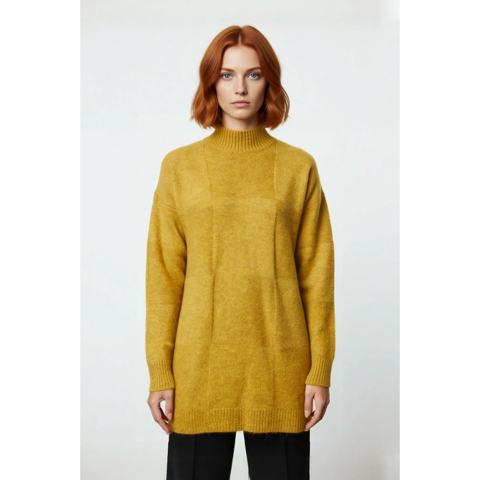 Kadın Regular Kalıp Dik Yaka Geometrik Desenli Uzun Kol Triko Tunik Kazak Soğuk Havalar İçin Şık Ve