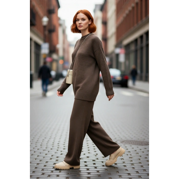 Kadın Regular Kalıp Düz Bisiklet Yaka Triko Kazak Soğuk Havalar İçin Uzun Kollu Günlük Şıklık