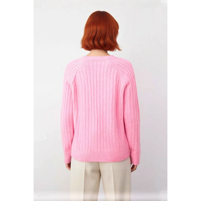 Kadın Regular Kalıp Düz Desen V Yaka Fitilli Reglan Kol Triko Kazak Günlük Şıklık Ve Rahatlık