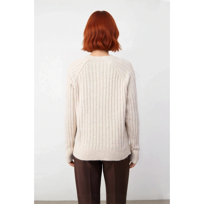 Kadın Regular Kalıp Düz Desen V Yaka Fitilli Reglan Kol Triko Kazak Günlük Şıklık Ve Rahatlık