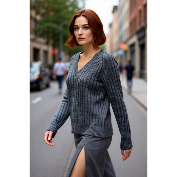 Kadın Regular Kalıp Düz Desen V Yaka Fitilli Reglan Kol Triko Kazak Günlük Şıklık Ve Rahatlık