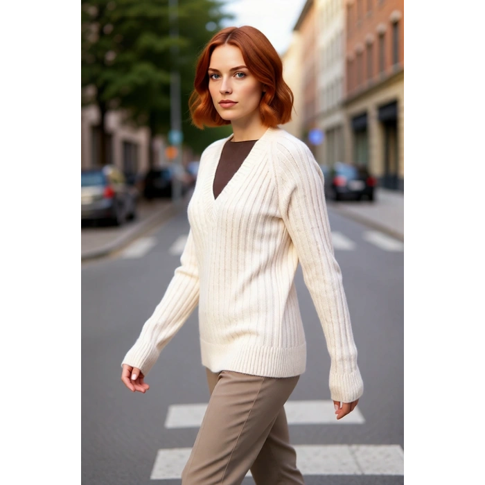 Kadın Regular Kalıp Düz Desen V Yaka Fitilli Reglan Kol Triko Kazak Günlük Şıklık Ve Rahatlık