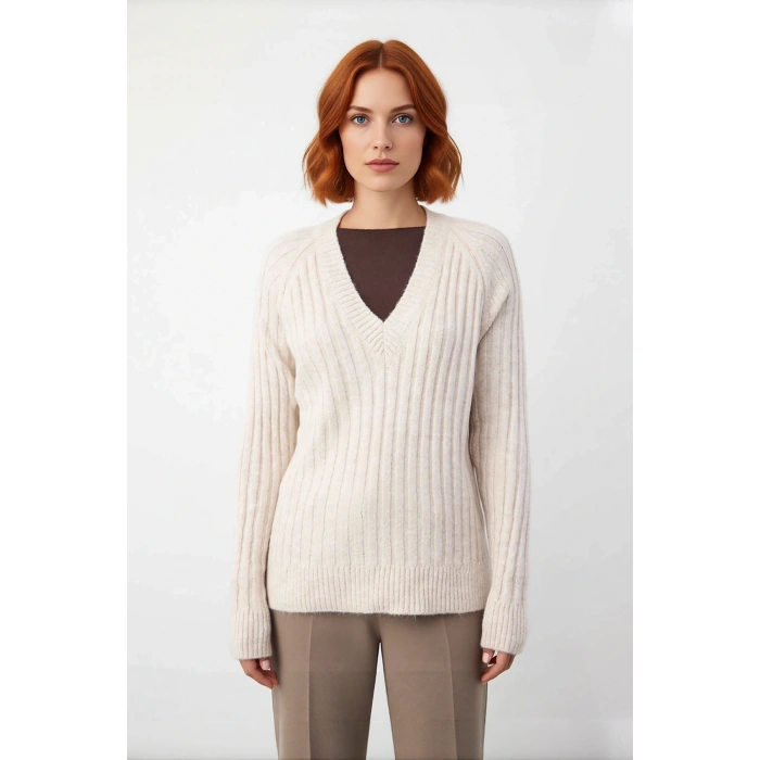 Kadın Regular Kalıp Düz Desen V Yaka Fitilli Reglan Kol Triko Kazak Günlük Şıklık Ve Rahatlık