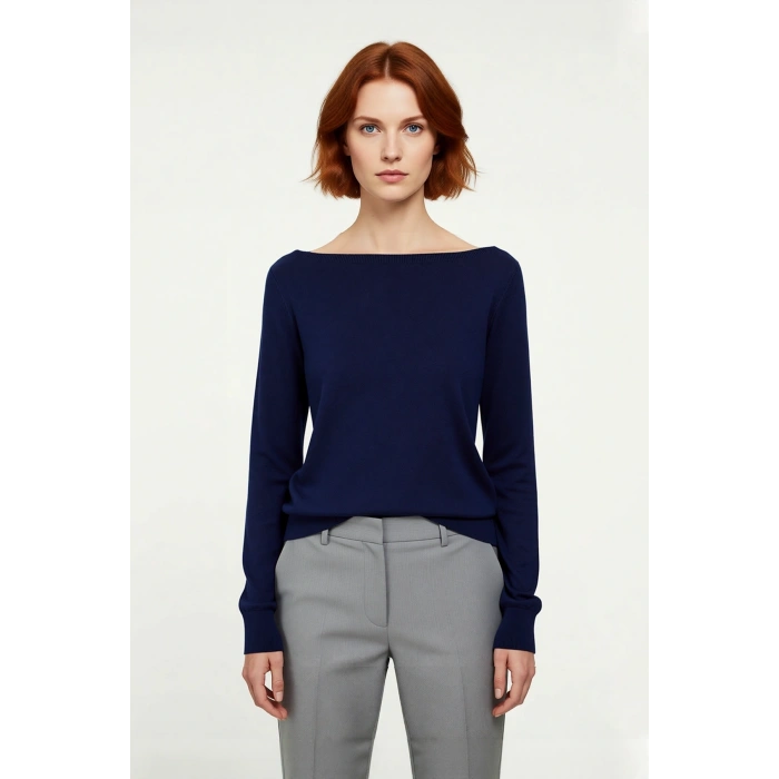 Kadın Regular Kalıp Düz Kayık Yaka Triko Kazak Crop Boy Orta Kalınlık Modern Şık Giyim Kaliteli