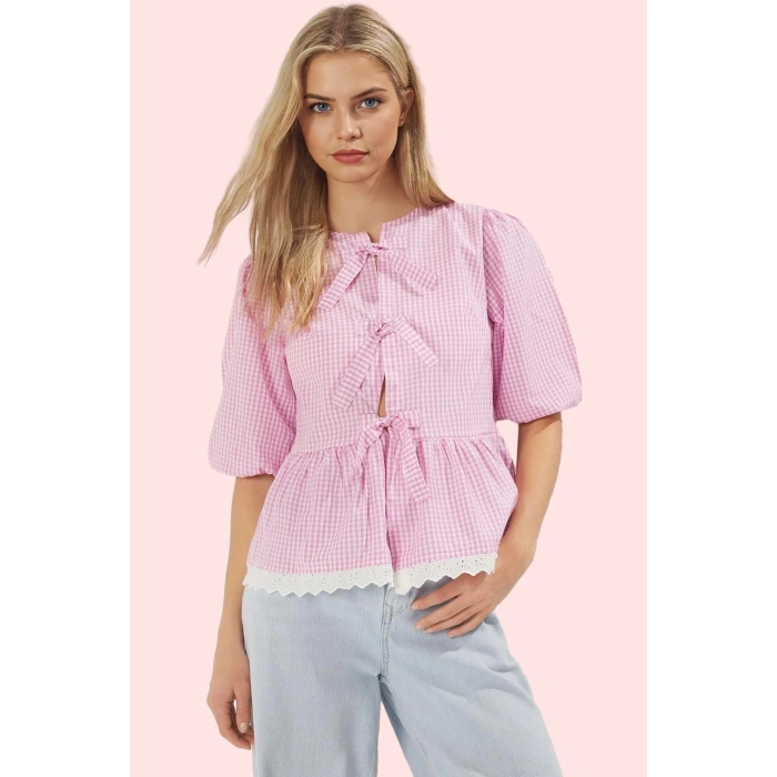Kadın Regular Kalıp Ekose Terrycotton Gömlek Bisiklet Yaka Günlük Kombinler Modern Tasarım