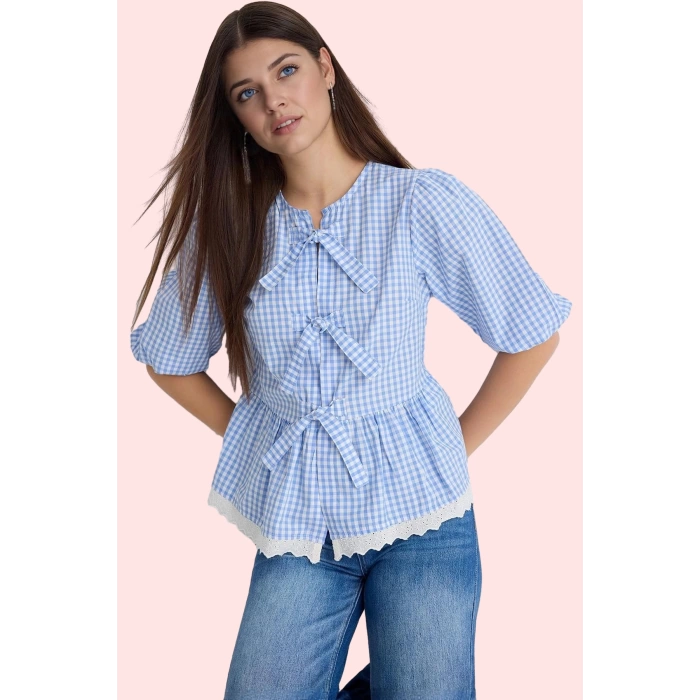 Kadın Regular Kalıp Ekose Terrycotton Gömlek Bisiklet Yaka Günlük Kombinler Modern Tasarım