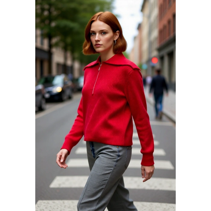 Kadın Regular Kalıp Fermuarlı Polo Yaka Selanik Dokuma Triko Kazak Kışlık Günlük Şıklık Kaliteli