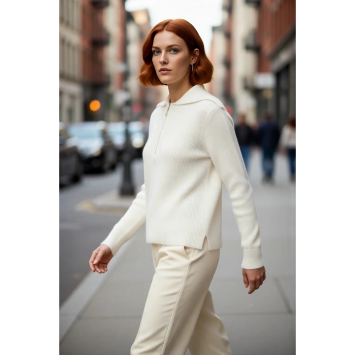 Kadın Regular Kalıp Fermuarlı Polo Yaka Selanik Dokuma Triko Kazak Kışlık Günlük Şıklık Kaliteli