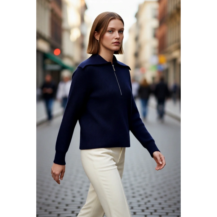 Kadın Regular Kalıp Fermuarlı Polo Yaka Selanik Dokuma Triko Kazak Kışlık Günlük Şıklık Kaliteli