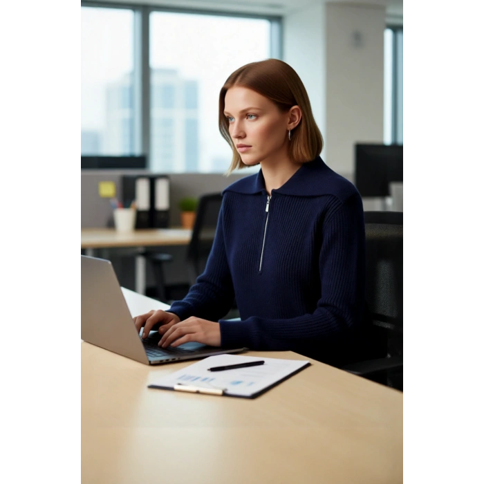 Kadın Regular Kalıp Fermuarlı Polo Yaka Selanik Dokuma Triko Kazak Kışlık Günlük Şıklık Kaliteli