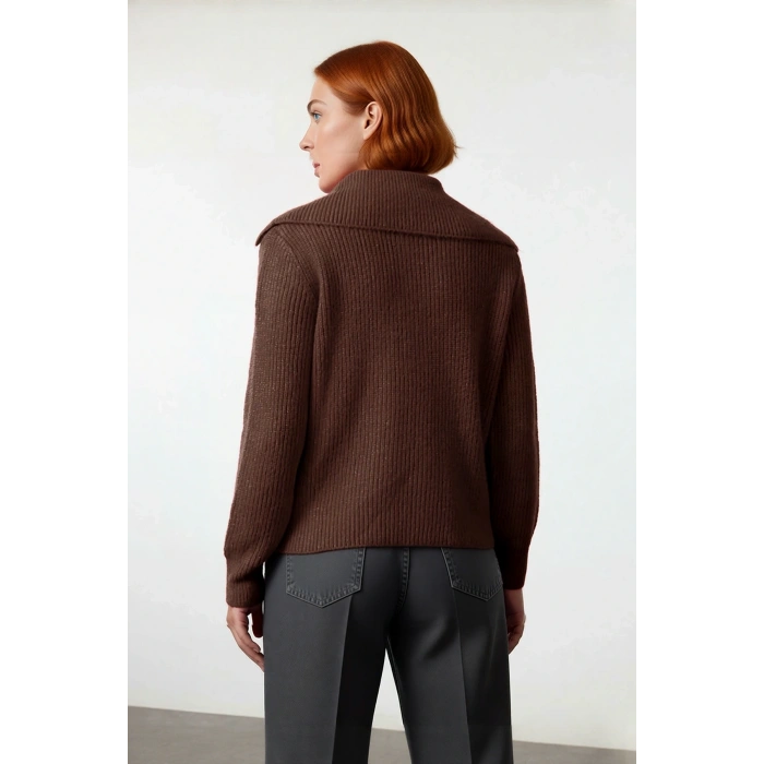 Kadın Regular Kalıp Fermuarlı Polo Yaka Selanik Dokuma Triko Kazak Kışlık Günlük Şıklık Kaliteli