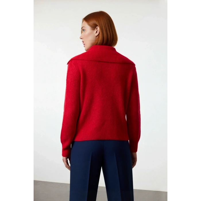 Kadın Regular Kalıp Fermuarlı Polo Yaka Selanik Dokuma Triko Kazak Kışlık Günlük Şıklık Kaliteli