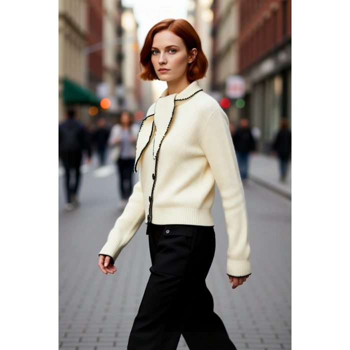 Kadın Regular Kalıp Fular Yaka Triko Kazak Özel Kontrast Detayları ile Şık ve Rahat Bir Görünüm