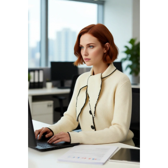 Kadın Regular Kalıp Fular Yaka Triko Kazak Özel Kontrast Detayları ile Şık ve Rahat Bir Görünüm