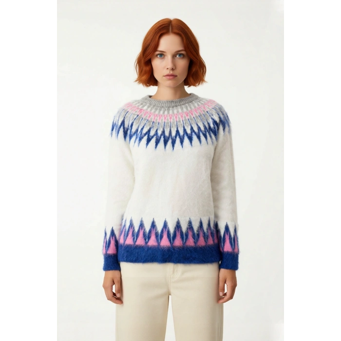 Kadın Regular Kalıp Geometrik Desenli Akrilik Triko Kazak Reglan Kol Kış Günleri İçin Konforlu