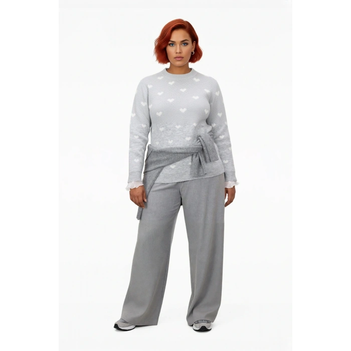 Kadın Regular Kalıp Kalp Desenli Gri Triko Kazak Uzun Kollu Günlük Kombinlerin Anahtarı Kaliteli