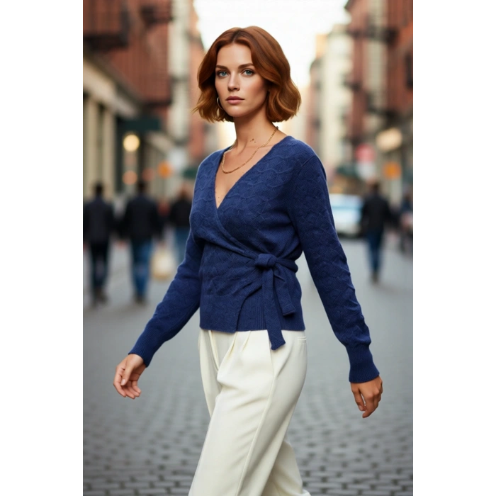 Kadın Regular Kalıp Kruvaze Yaka Ajurlu Triko Kazak Standart Kol Kış Günlük Kombinler İçin Şık Ve