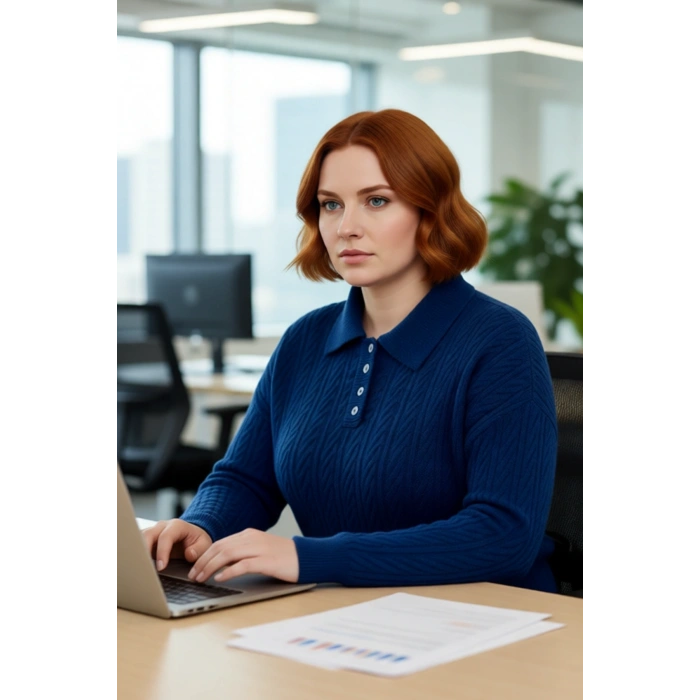 Kadın Regular Kalıp Mavi Saç Örgü Desenli Polo Yaka Düşük Kol Kalın Triko Kazak Kış İçin Harika