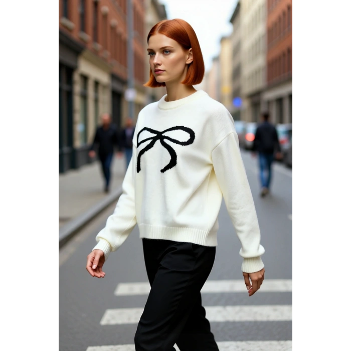 Kadın Regular Kalıp Modern Kurdele Desenli Bisiklet Yaka Uzun Kollu Triko Kazak Kış Şıklığı