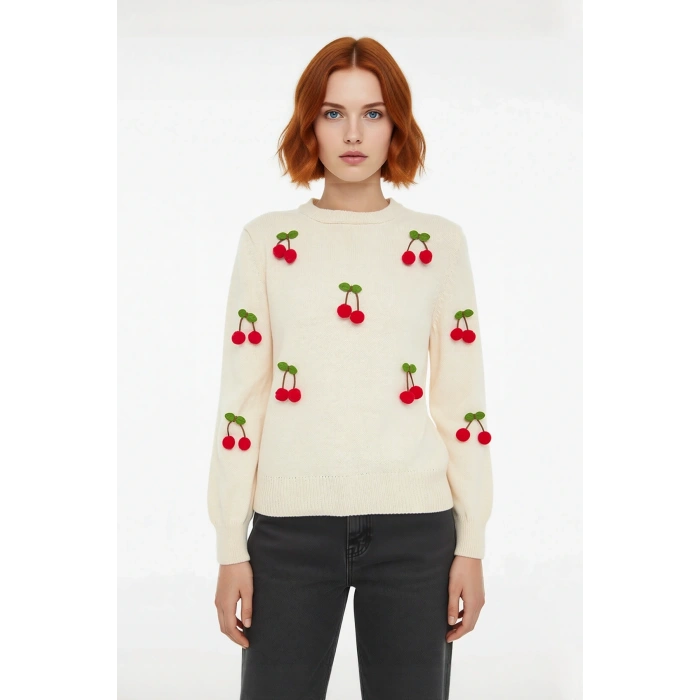 Kadın Regular Kalıp Nakışlı İşlemeli Bisiklet Yaka Uzun Kollu Triko Kazak Kış Sezonu İçin İdeal