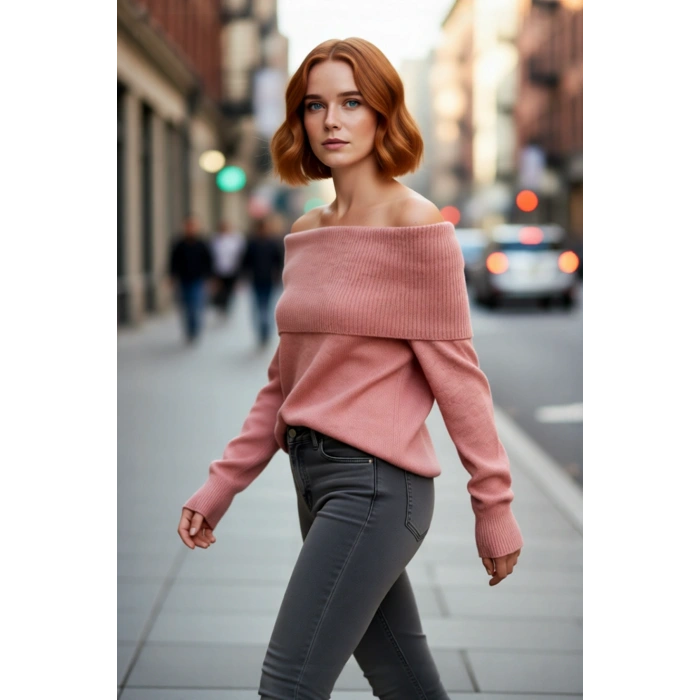 Kadın Regular Kalıp Omuz Dekolteli Düz Desen Triko Kazak Soğuk Havalar İçin Şık Seçim Kaliteli
