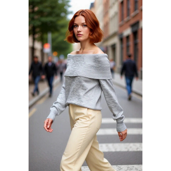 Kadın Regular Kalıp Omuz Dekolteli Düz Desen Triko Kazak Soğuk Havalar İçin Şık Seçim Kaliteli