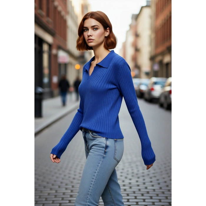 Kadın Regular Kalıp Polo Yaka Fitilli Uzun Kollu Triko Kazak Basic Şıklık Sunan Kışlık Tasarım