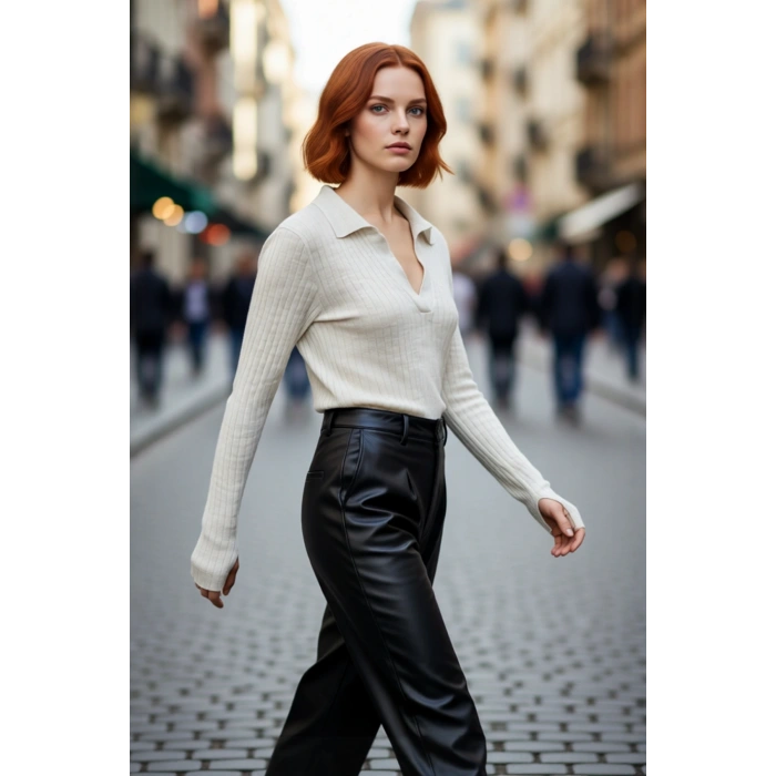 Kadın Regular Kalıp Polo Yaka Fitilli Uzun Kollu Triko Kazak Basic Şıklık Sunan Kışlık Tasarım