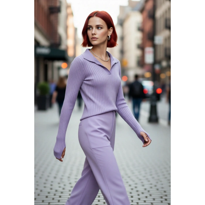 Kadın Regular Kalıp Polo Yaka Fitilli Uzun Kollu Triko Kazak Basic Şıklık Sunan Kışlık Tasarım