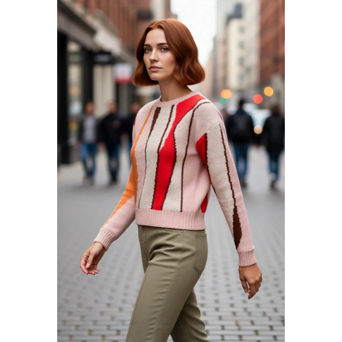 Kadın Regular Kalıp Renk Bloklu Bisiklet Yaka Triko Kazak Kışlık Düşük Kol Rahat Giyim Kaliteli