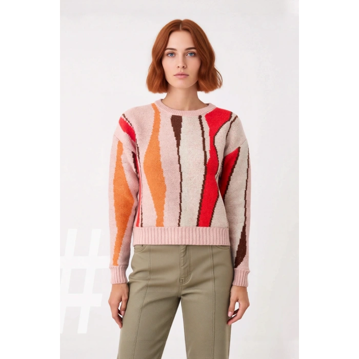 Kadın Regular Kalıp Renk Bloklu Bisiklet Yaka Triko Kazak Kışlık Düşük Kol Rahat Giyim Kaliteli