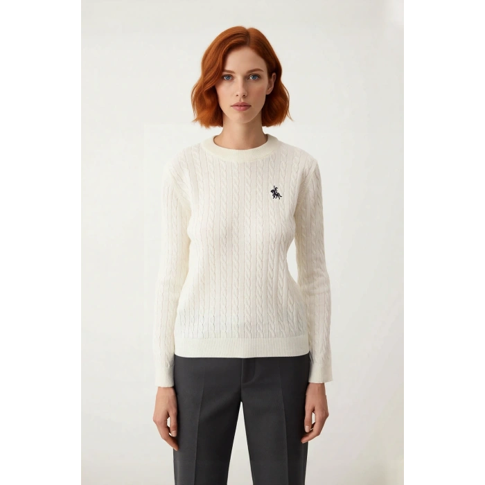 Kadın Regular Kalıp Saç Örgü Bisiklet Yaka At Nakışlı Akrilik Triko Kazak Kış Sezonu Şıklığı