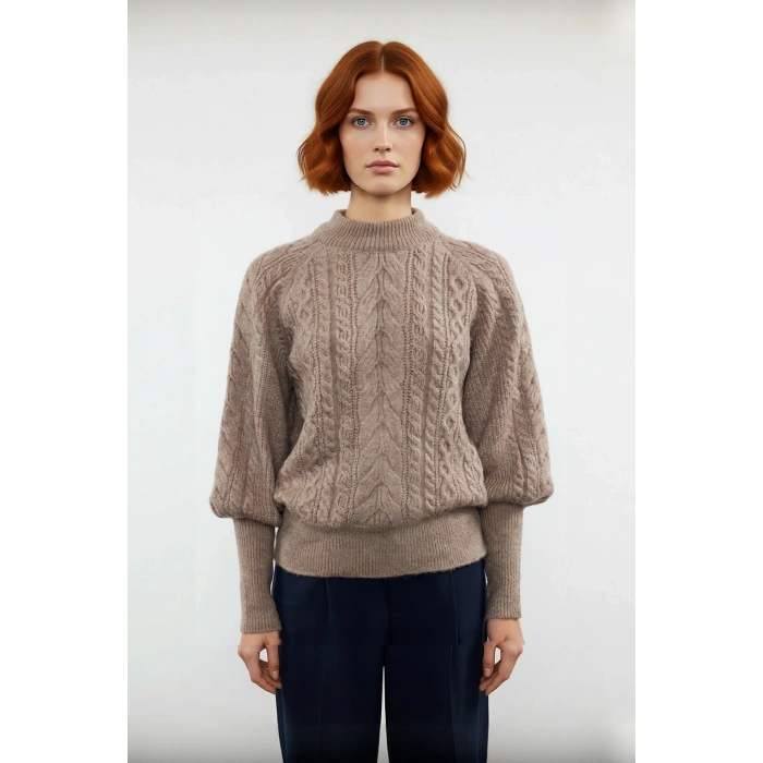 Kadın Regular Kalıp Saç Örgü Desen Dik Yaka Balon Kol Triko Kazak Günlük Şıklık Sunar Kışa Özel