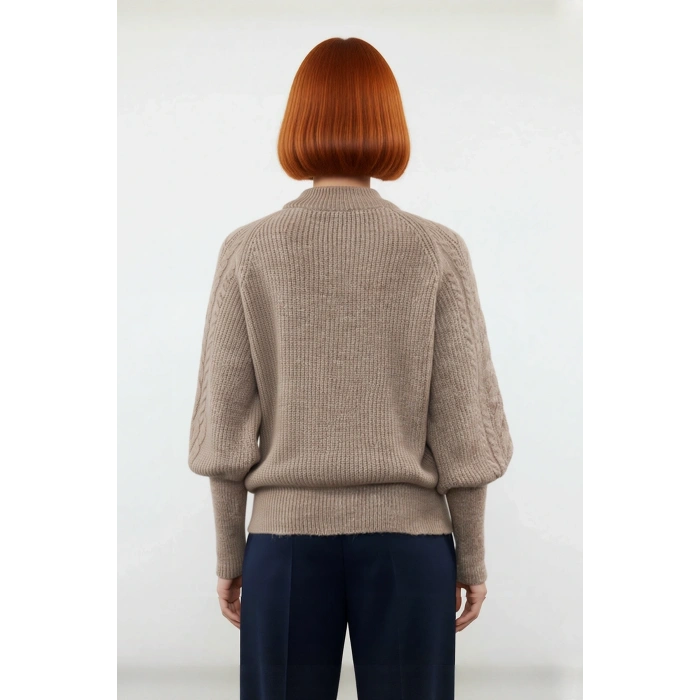 Kadın Regular Kalıp Saç Örgü Desen Dik Yaka Balon Kol Triko Kazak Günlük Şıklık Sunar Kışa Özel