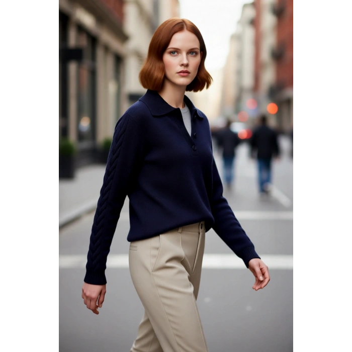 Kadın Regular Kalıp Saç Örgü Detaylı Polo Yaka Orta Kalınlık Triko Kışlık Uzun Kollu Kazak